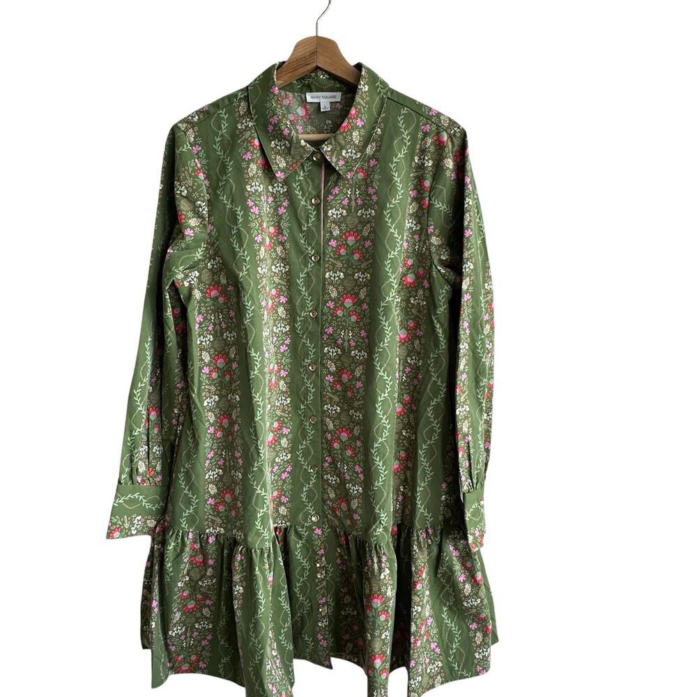 Mary Square Fiona Dress Sz L Button Down Shirt Dress Ruffle Floral - Picture 3 of 13